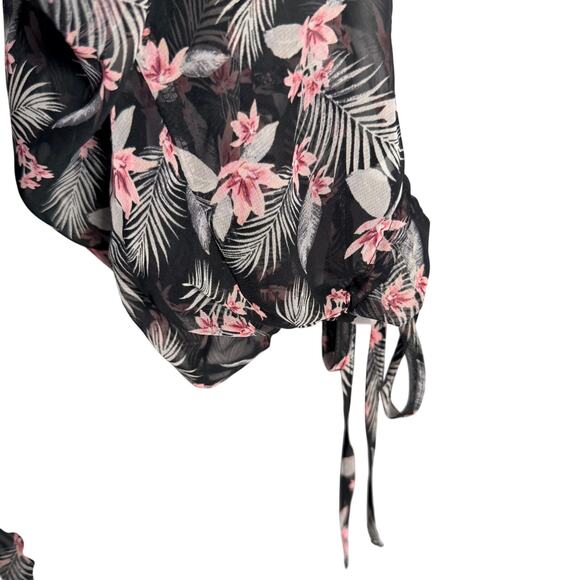 Victoria's Secret Duster M/L Black Pink Floral Sheer Chiffon Ruffle Trim Kimono - Picture 6 of 9